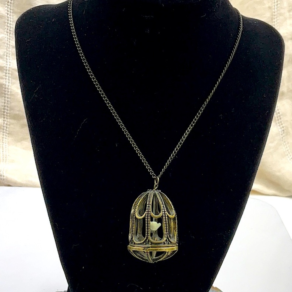 24”Bronze Necklace W/2”x 2” Bronze Bird Cage Pendant Includes White Bird In Cage